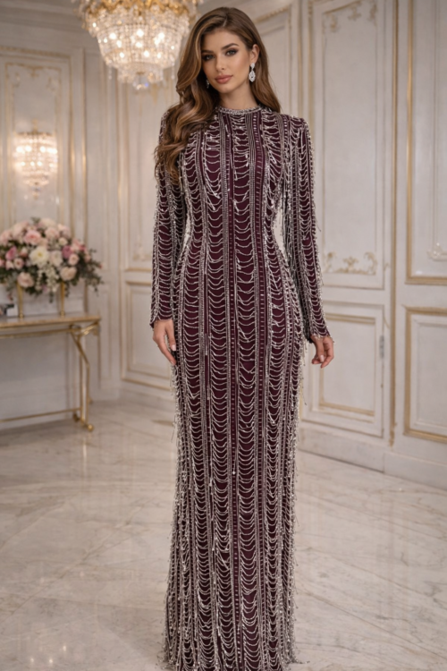 Celestia Burgundy Crystal Gown