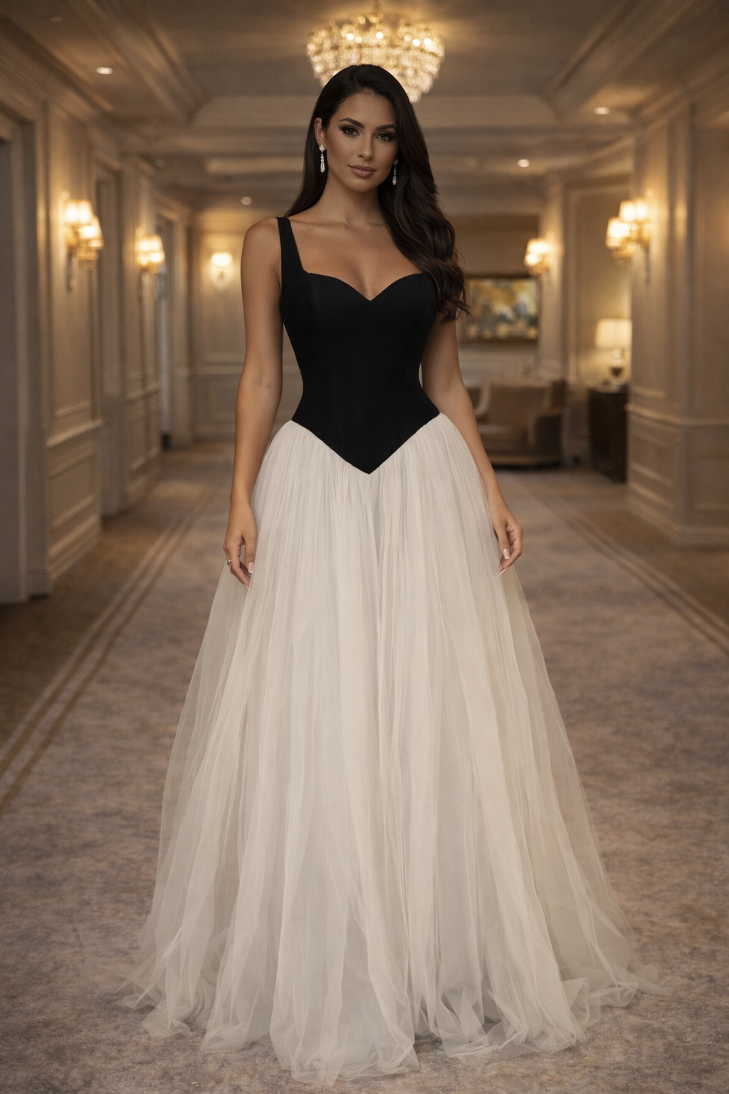 Rochie Elegantă Alb-Negru cu Tulle