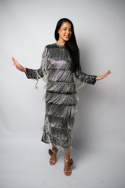 Rochie Midi Neagră “Midnight Fringe Glam”