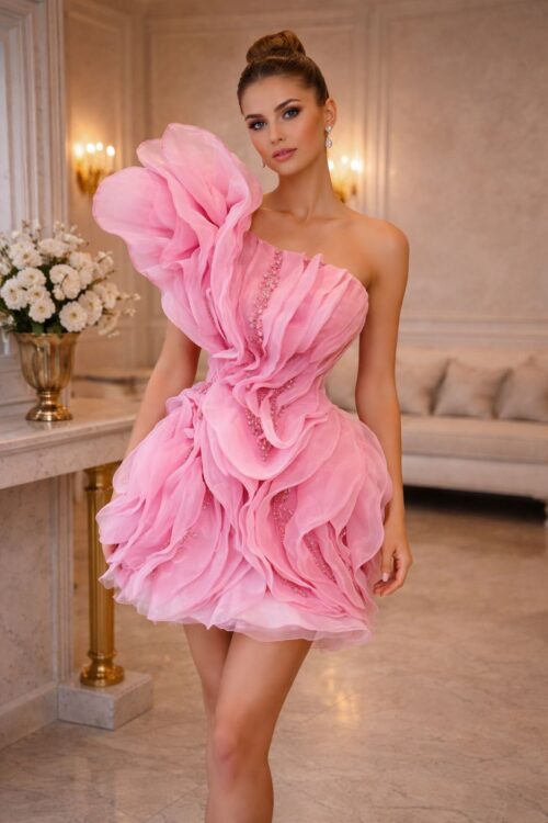 Rochie Pink Blossom Couture – Rochie Scurtă Elegantă cu Volane 3D