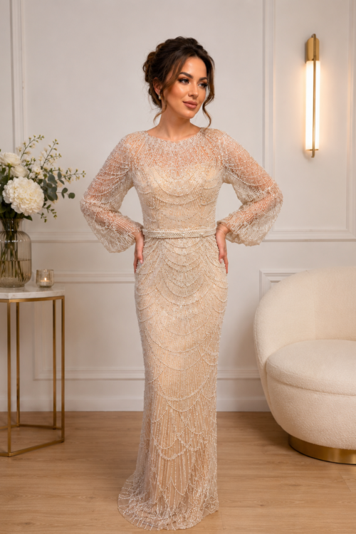 Rochie lungă champagne Elegant Pearl Couture