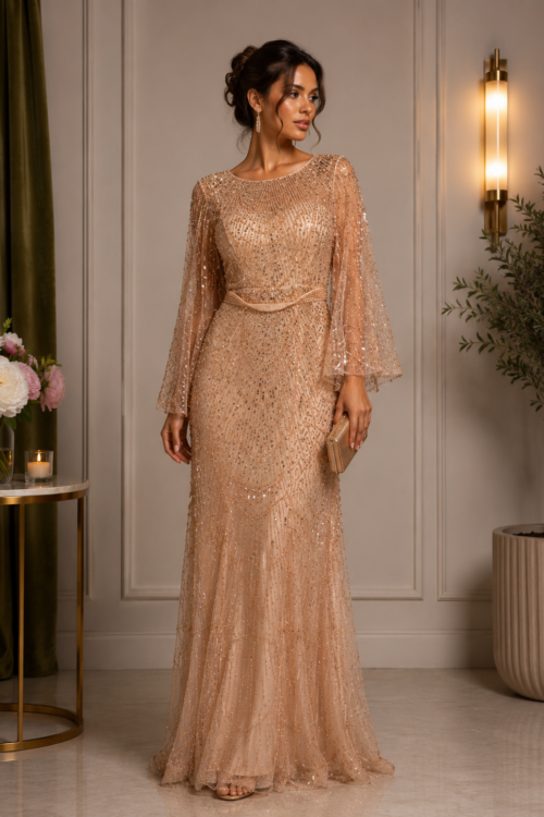 Rochie Maxi Champagne cu Mâneci Vaporoase și Cristale Fine
