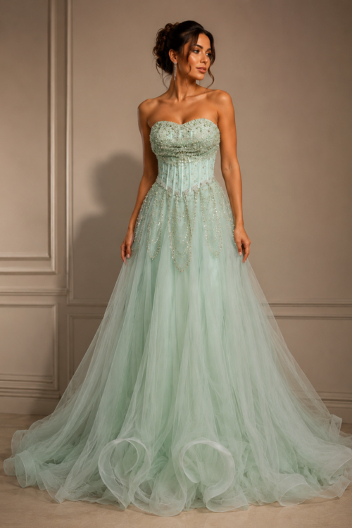 Rochie prințesă verde mentă cu perle și tull – Mint Royal Princess