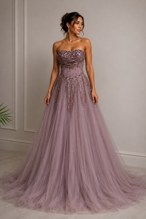 Rochie Prințesă Lila Pudrată cu Corset și Tull Luxury